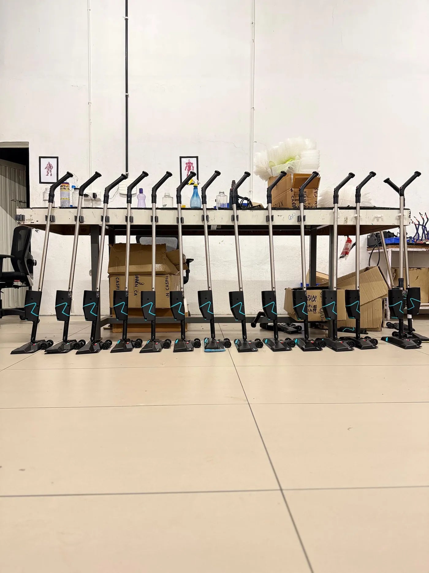 A row of finished SmartMops lined up at the Caspian production facility