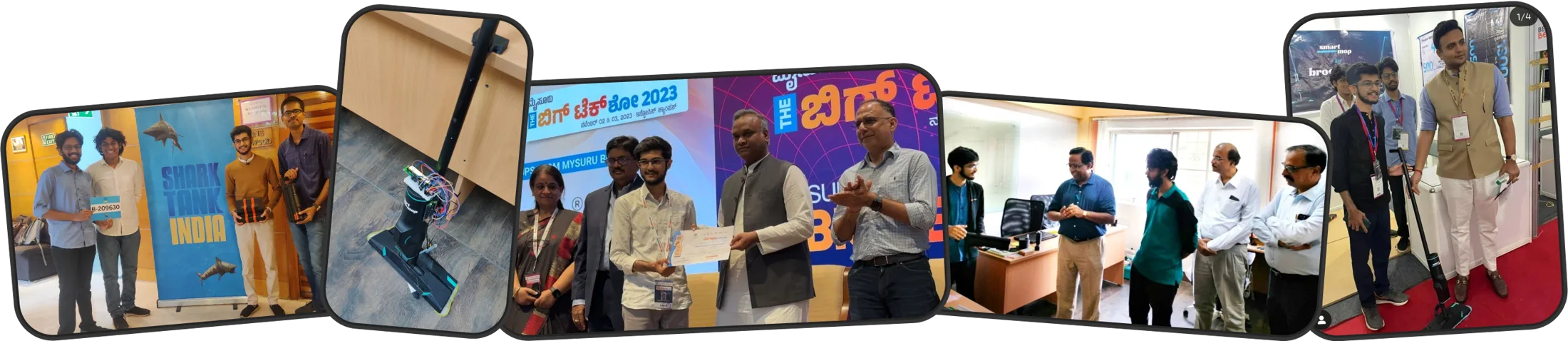 Caspian at Shark Tank India, an early prototype, the Big Tech Show award, a visit from faculty, and the SmartMop stand at an expo