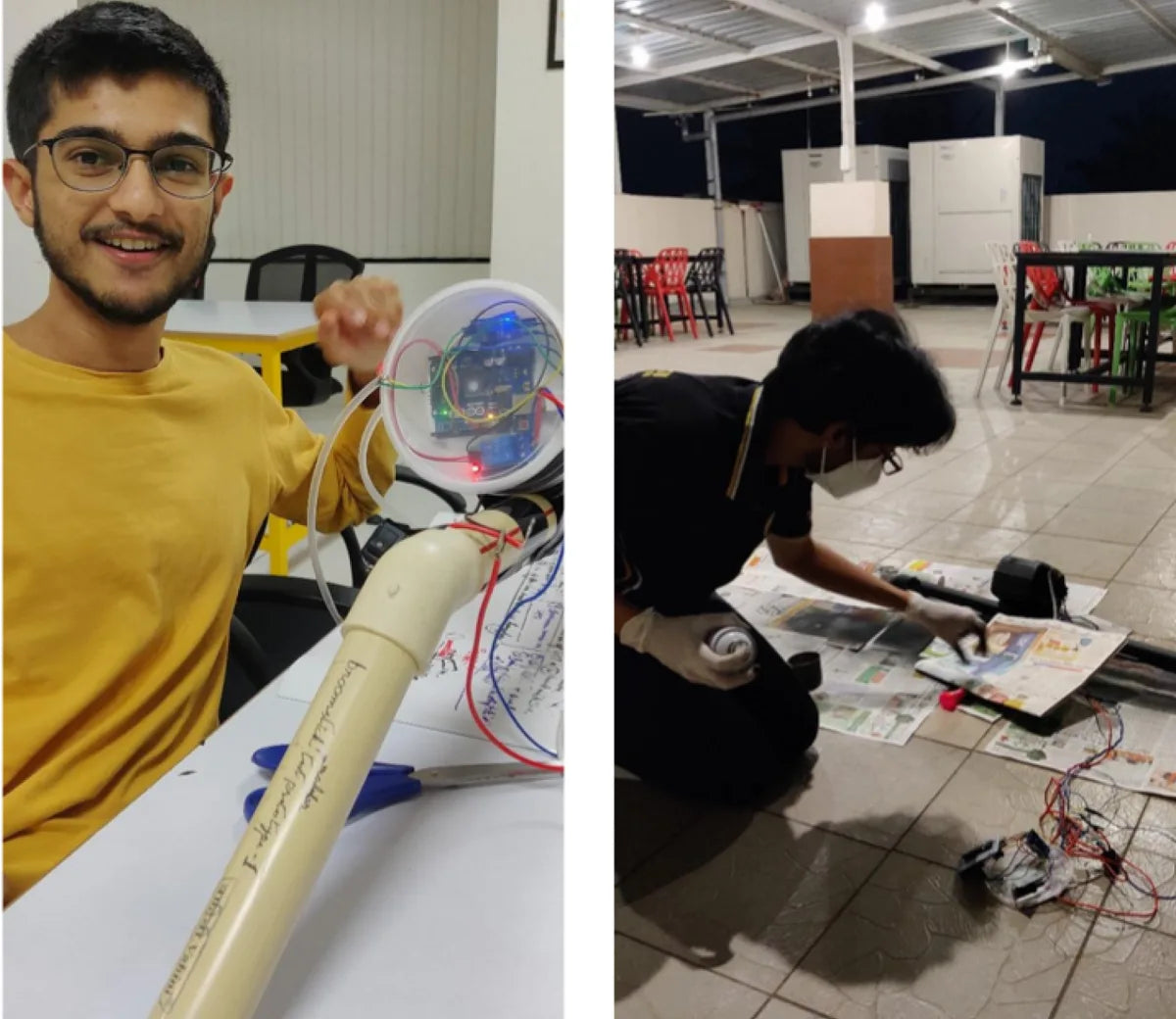 A hand-wired Smart Mop prototype, and a team member finishing a part by hand
